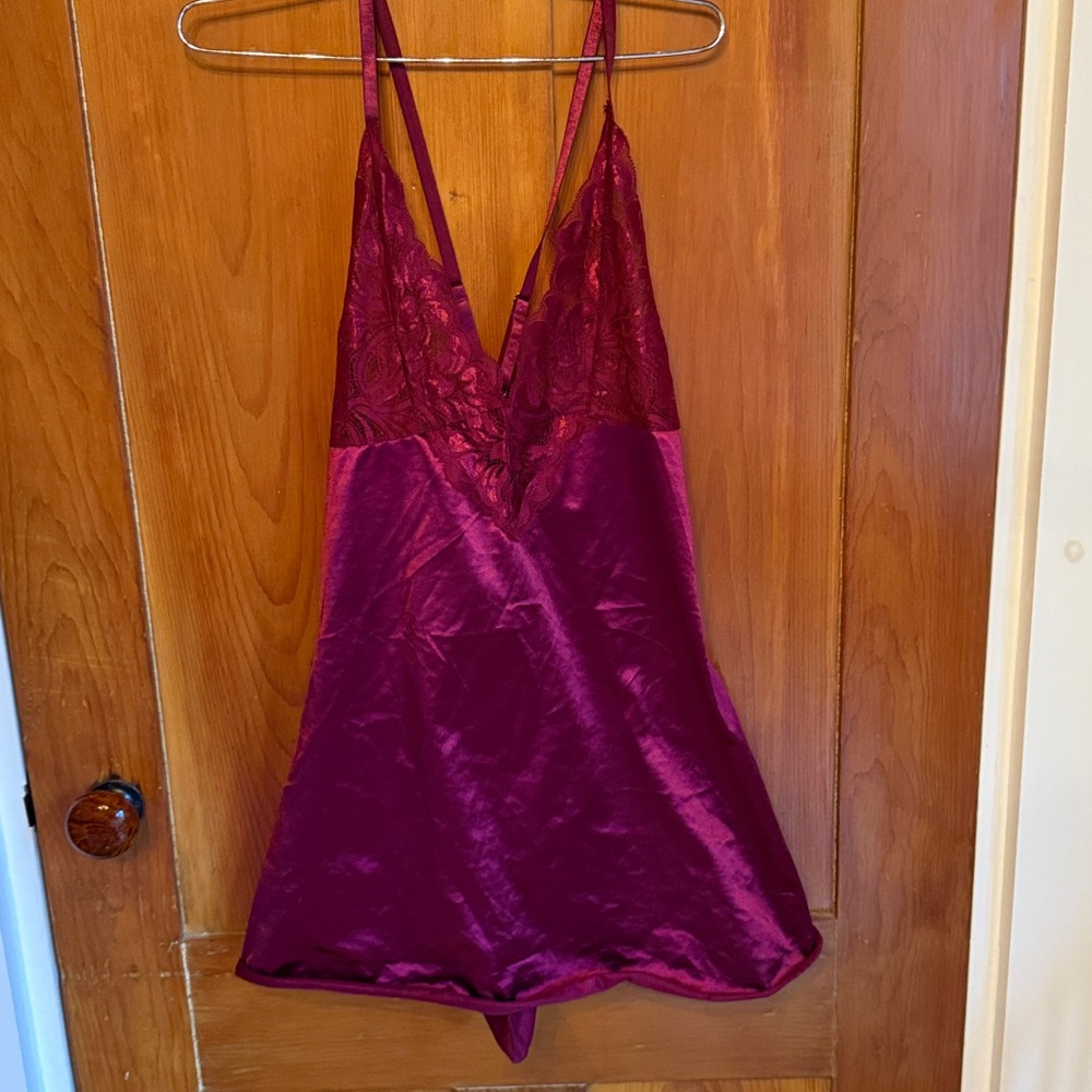 Burgundy Red Satin Silk-Like Lace Nightgown